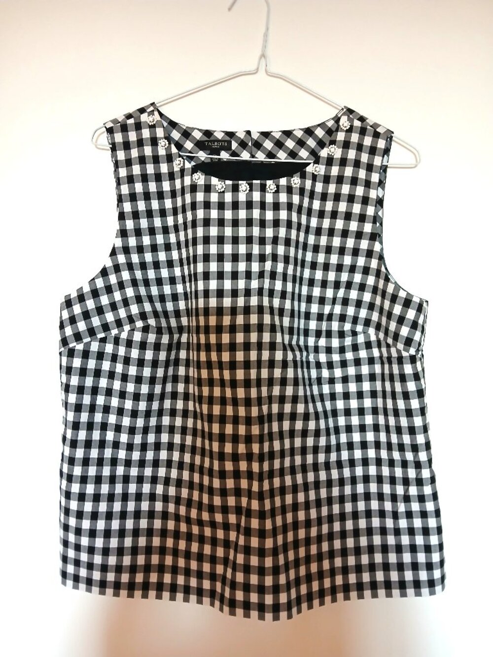 Talbot's Sleeveless Black and White Gingham Blouse Floral Detail Size 12P